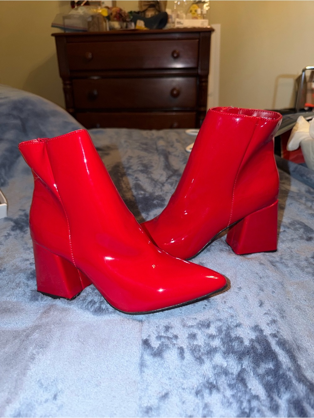 BAMBOO Red Patent Block Heel Ankle Boots